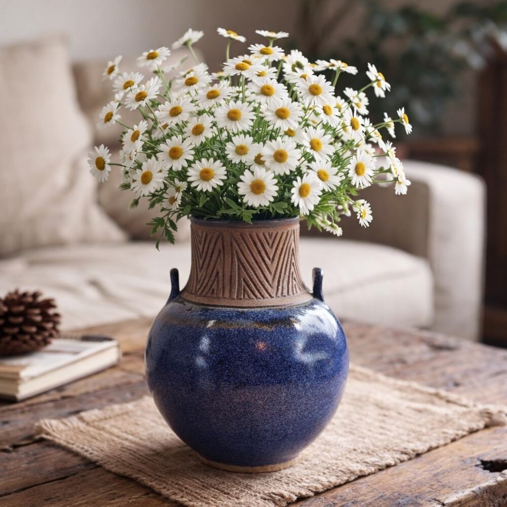 Studio‎ Art Pottery Flower Vase Blue Folk Art Rustic Signed Chohlidakis USA 8"H